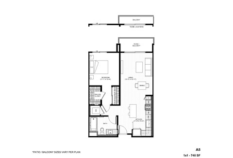 Floor plan for 1 bed, 1 bath, 740 sqft